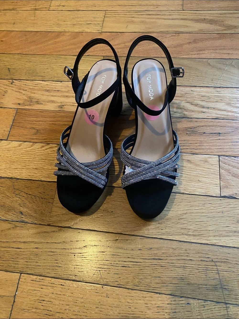 TOP Moda Black Heels with Silver Rhinestone Straps
